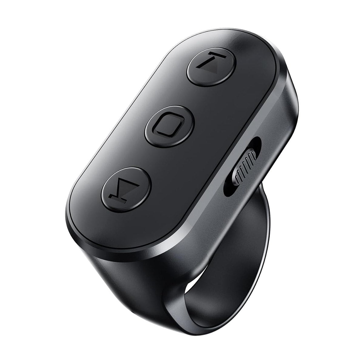 Anillo control remoto Bluetooth negro para celular, fondo blanco