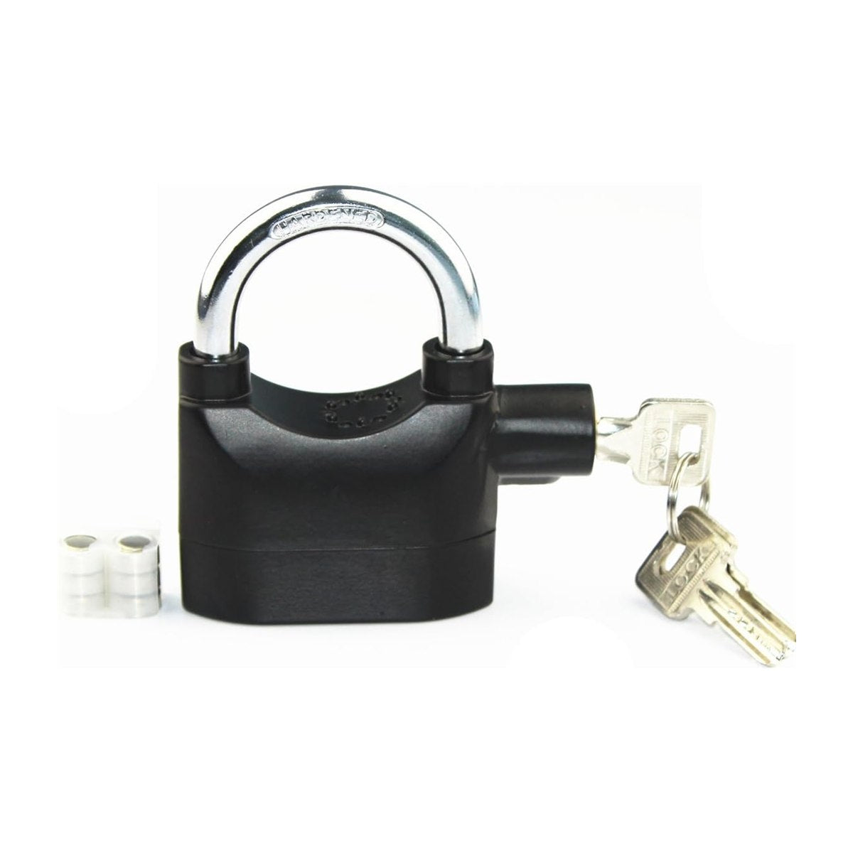 Candado de seguridad negro con alarma de 110 dB y llaves, fondo blanco