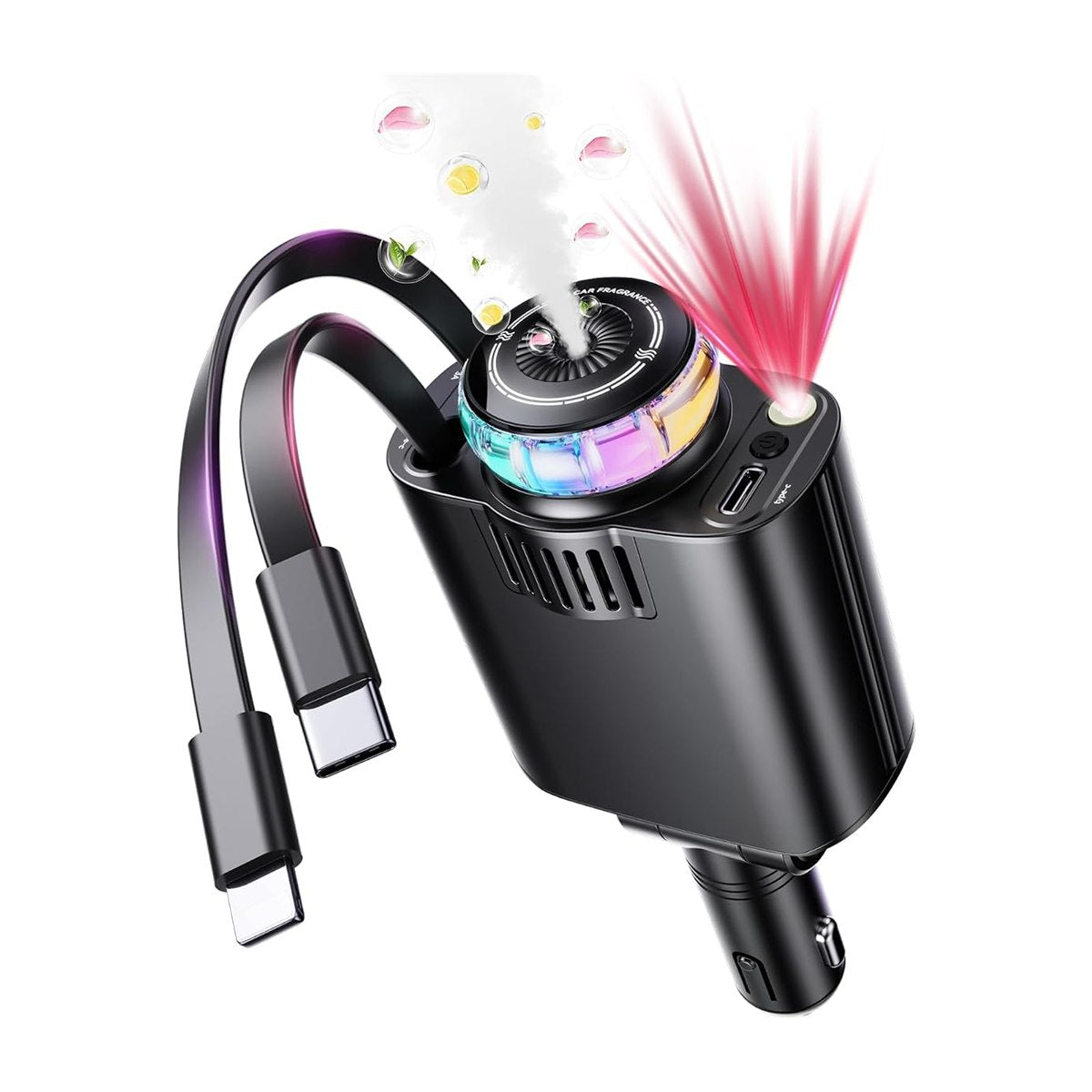 Cargador de carro 5 en 1 con aromaterapia y luz de estrellas, fondo blanco
