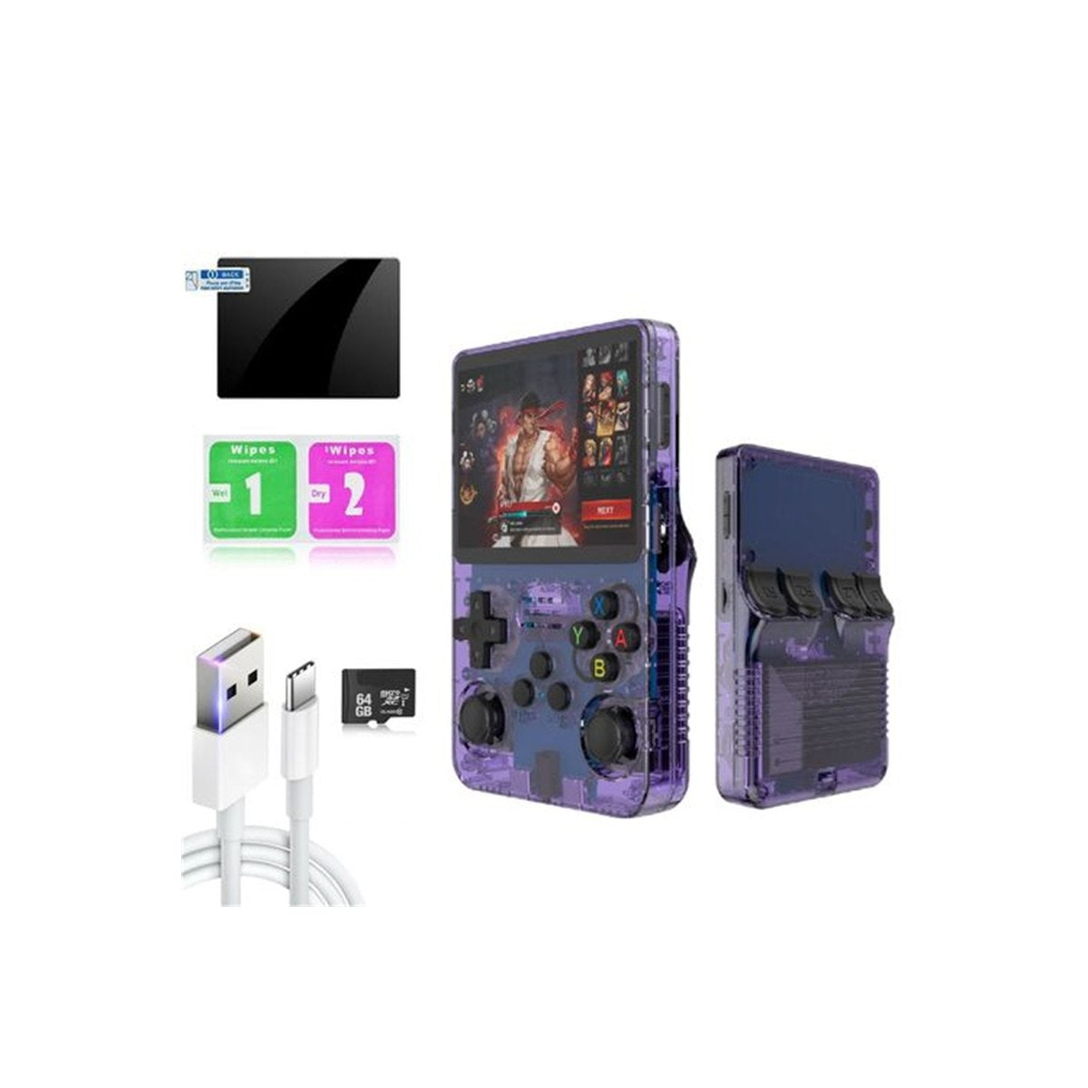 Consola retro portátil R36S con accesorios, fondo blanco