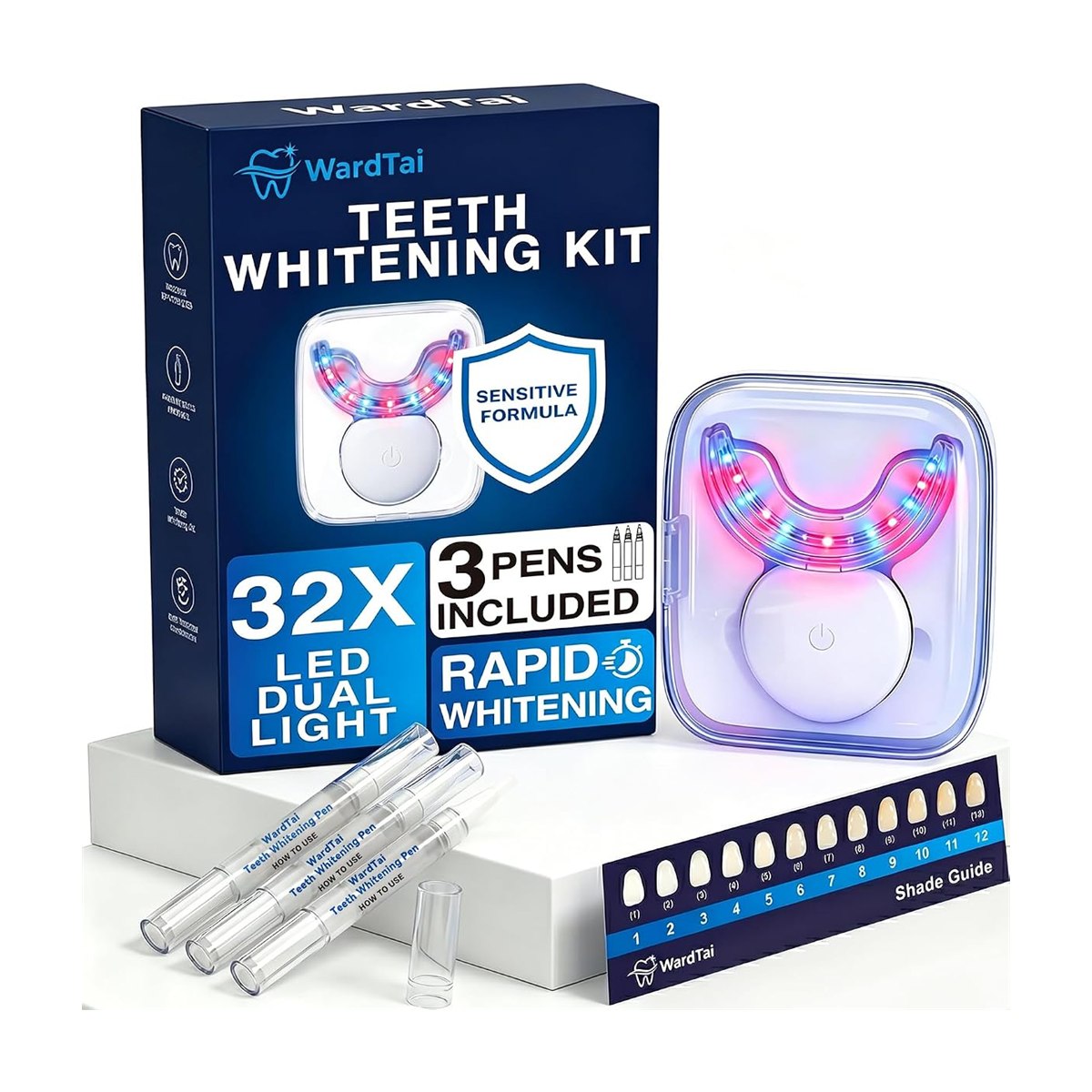Kit de blanqueamiento dental con luz LED y geles, fondo blanco